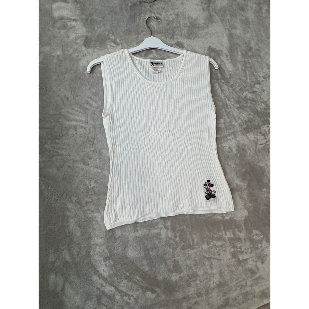 Walt Disney World Mickey Mouse White Ribbed Knit Sleeveless Scoop Neck Top Small